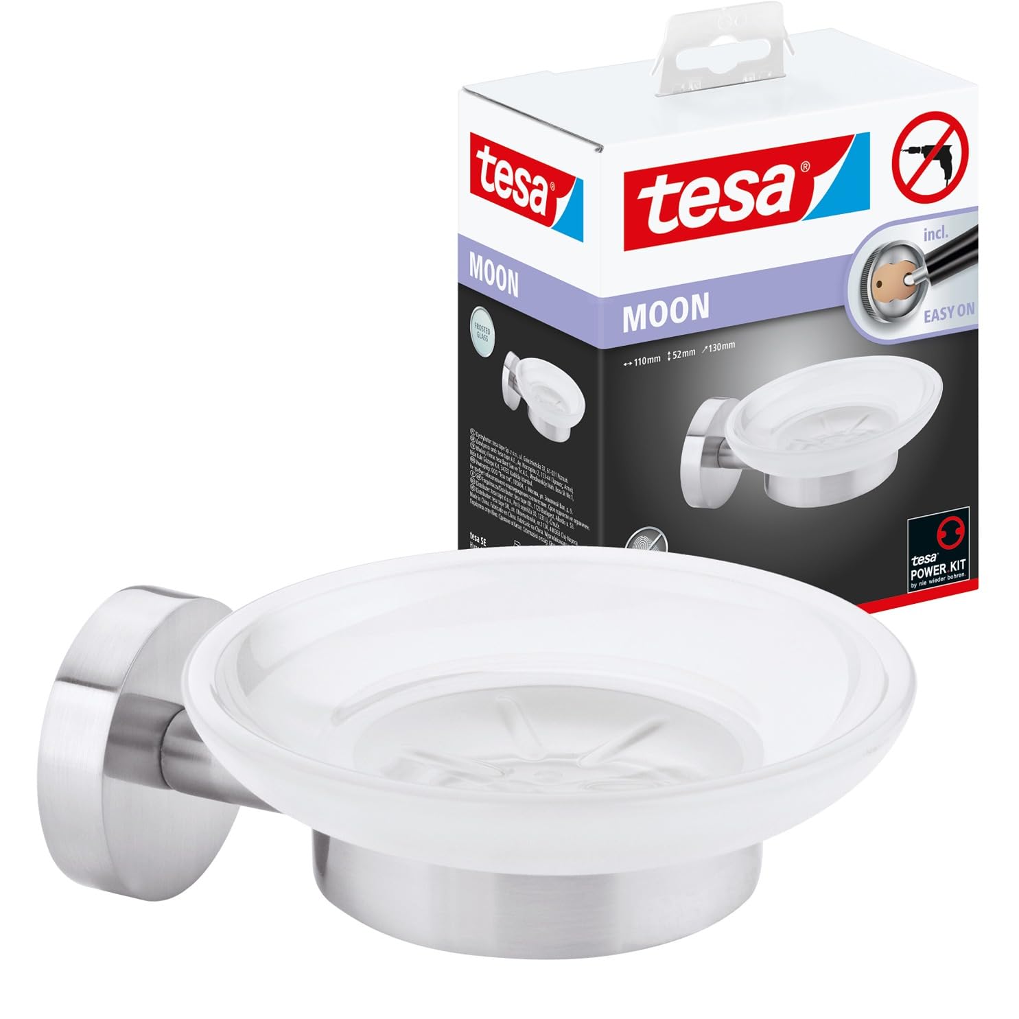 tesa MOON Soap Holder - No Drill Wall Mounted Satined Glass Soap Dish with Chrome-Plated Holder, Stainless - Waterproof - Includes Removable Glue Solution