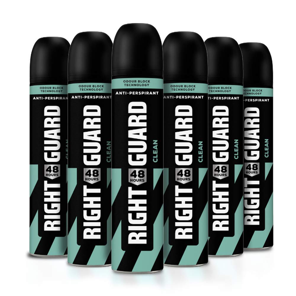Right Guard Mens Deodorant, Total Defence 5 Clean 48H High-Performance Anti-Perspirant Spray,250 ml (Pack of 6)