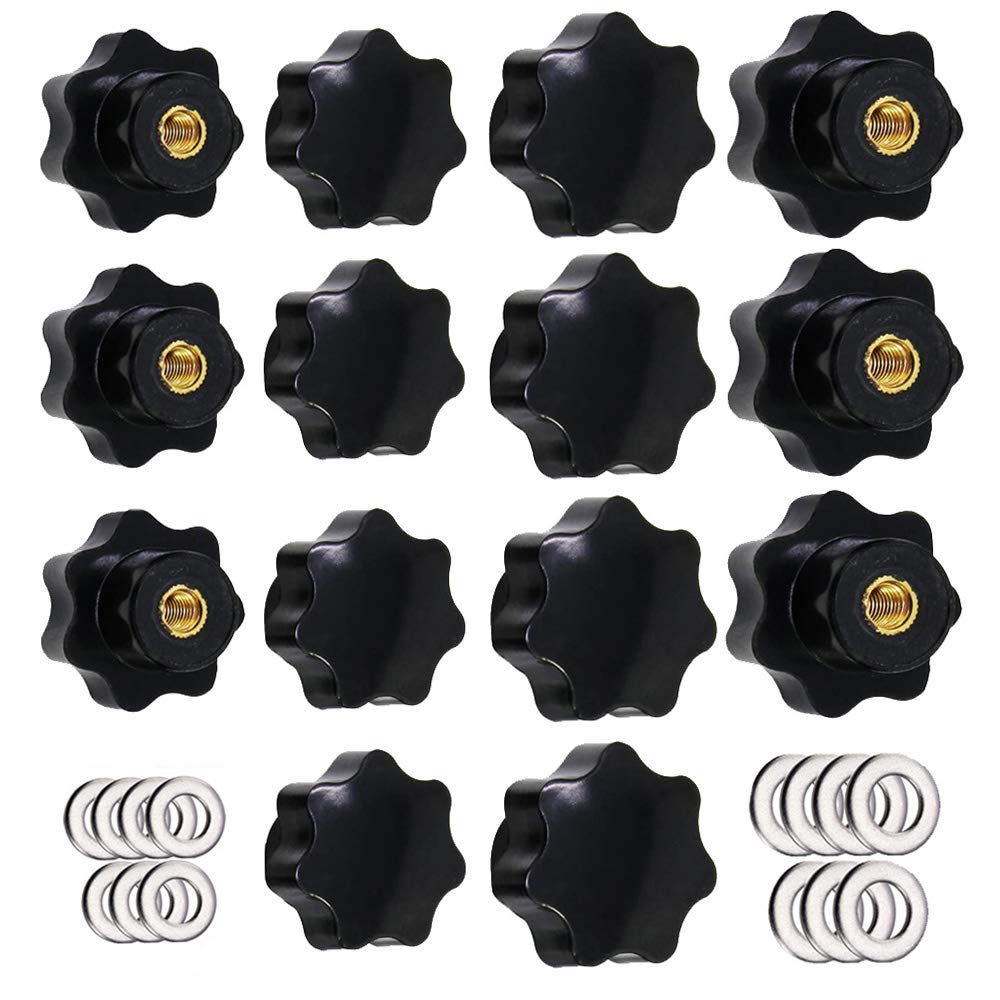 Greluma 14 Pcs M6&M8 Knurled Thread Clamping Knob, Star Grip,Star Shape Hand Knobs Black Plastic Screw-On Handle Clamping Knob with Washers