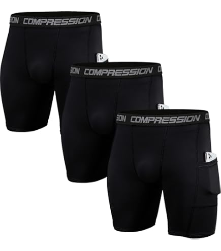 Yuerlian Men's 3-Pack Compression Shorts With Pocket - Quick Dry Sport Tights, 85% Polyester 15% Spandex, Black