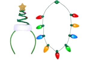 ERWEICET Christmas Party Kit Including Springy Christmas Tree Headband with Bells Santa Headwear+ LED Christmas Bulb Necklace Combo (Headband + Necklace)