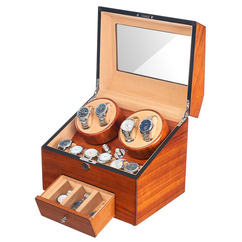 JQUEEN Automatic Wood Watch Winder Display Box 4+9 Storages,with 4 Rotation Mode Setting, Adjustable Watch Pillow for Men’s and Lady’s Automatic Watches Shaker