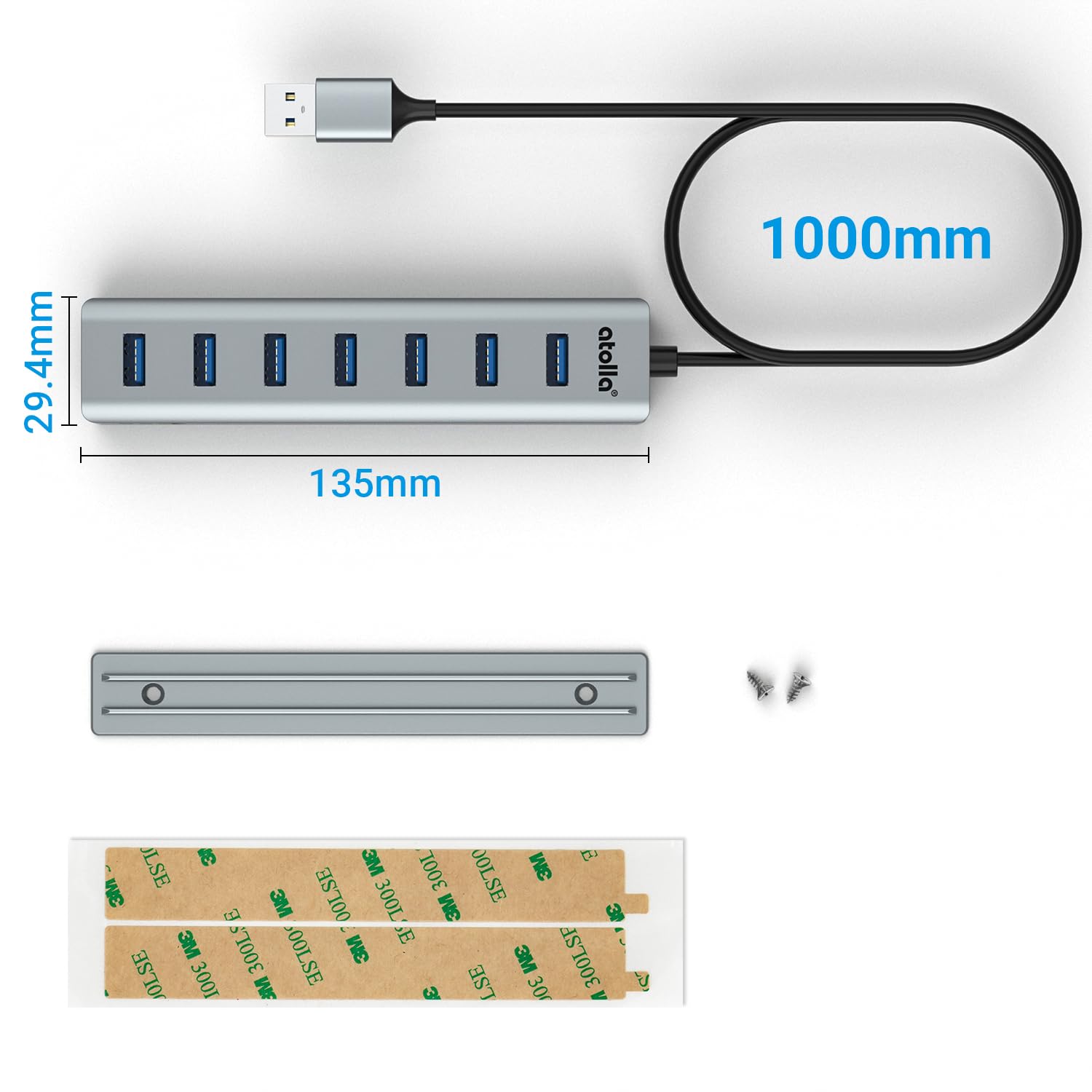 8-Port USB 3.0 Hub mit Aluminium Tischmontage Design, USB Verteiler Adapter mit 100cm Lange Kabel, 5Gbps USB3.0 Datenanschluss, Typ-C Power Port für Desktop, PC, Laptop, Maus, U-Disk 6