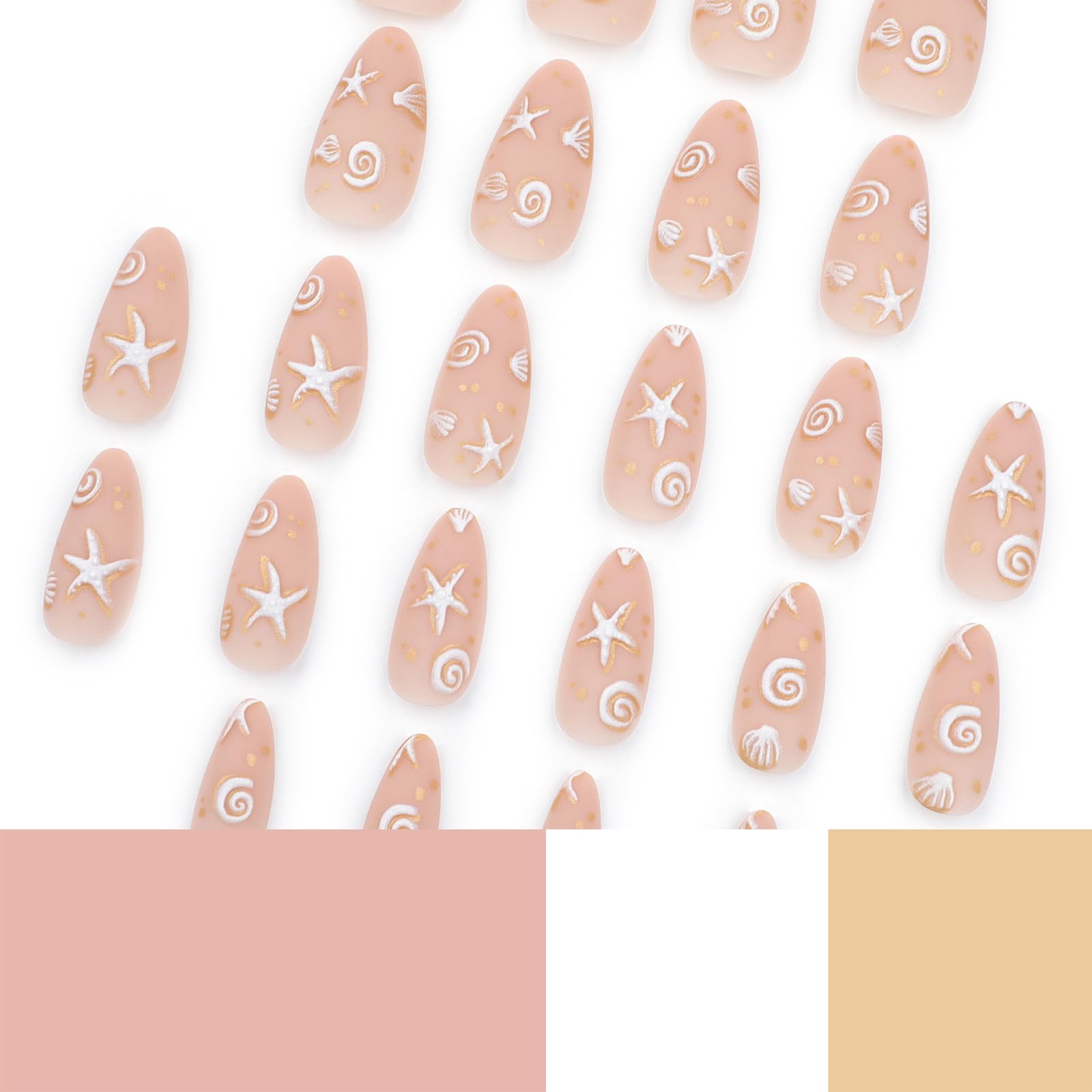 IMRAIN Almond Press on Nails Medium Fake Nails with 3D Sea Star & Shell Designs Full Cover Glue on Nails Matte Nude Artificial False Nails for Women and Girls 24Pcs Cute Stick on Nails - Image 5