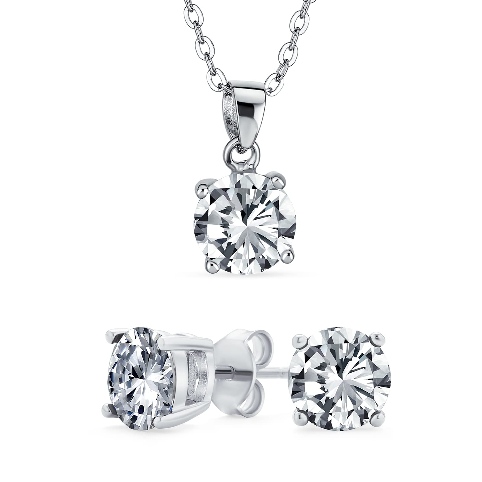 Bling Jewelry Simple Delicate Solitaire Round Clear Pendant Stud Earrings Set For Women Teens Cubic Zirconia .925 Sterling Silver 18In
