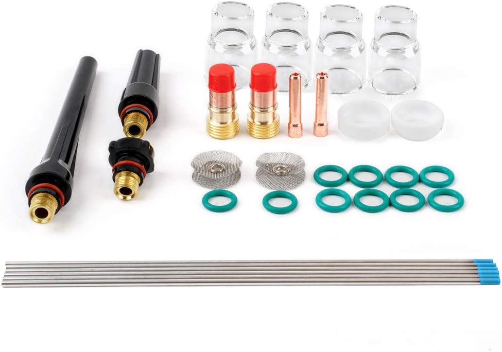 RX WELD 31PCS TIG Stubby Gas Lens 17GL332 3/32" & #12 Glass Cup & 2% Lanthanated Tungsten Electrode Kit Fit DB SR WP 17 18 26 TIG Welding Torch