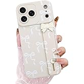 OOK Case for iPhone 17 Pro Max Case with Screen Protector, Cute Bow Design with Adjustable Wristband Strap Kickstand Slim Soft TPU Rubber for Women Girls Phone Cover-White