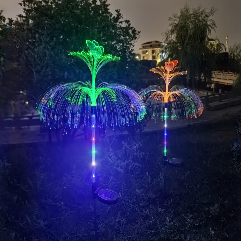 YZYOE 2 Packs of LED Solar Double-Layer Jellyfish Butterfly Lights, Seven Color Gradient Outdoor Courtyard Decoration, Wireless Dusk to Dawn Waterproof Garden Road Landscape