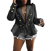 Angsuttc Blazers for Women Business Casual Denim Long Sleeves Lapel Double Breasted Jacket