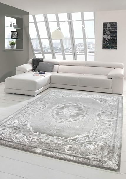 Designer Wollteppich Klassische Ornamente in Grau Creme Größe 160x230