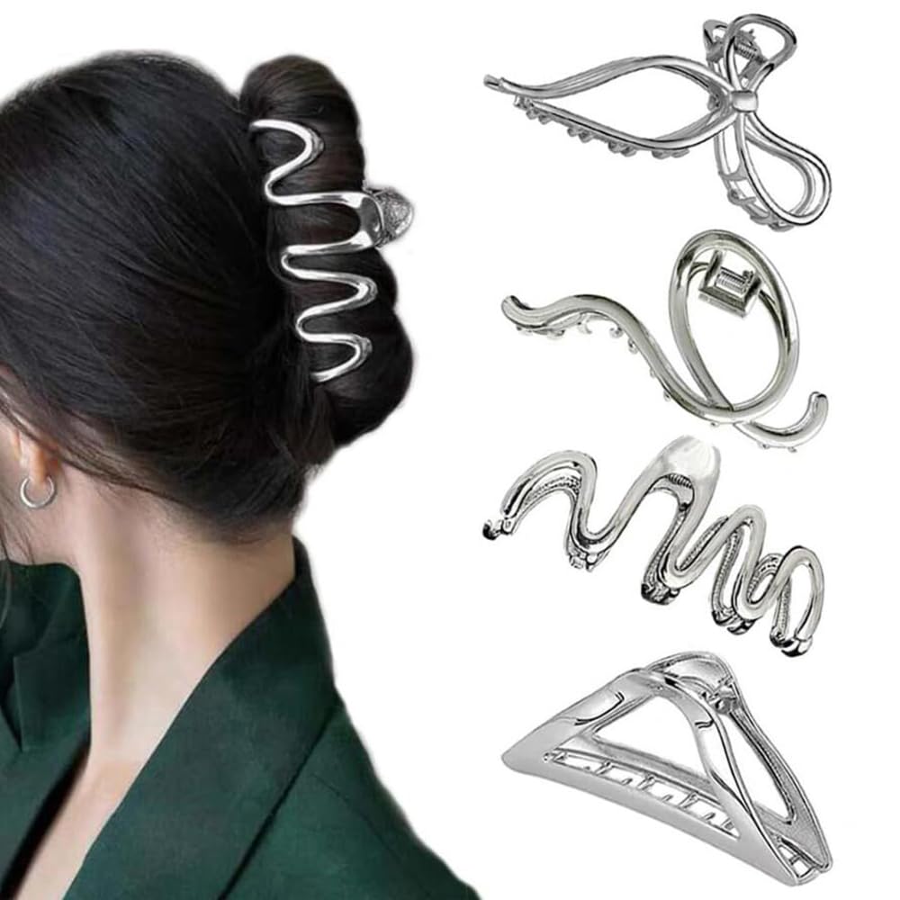 4PCS Large Hair Claw Clips for Thick Hair, Nonslip Metal Hair Clips Elegant Silver Jaw Clips Hair Accessories for Women Girls