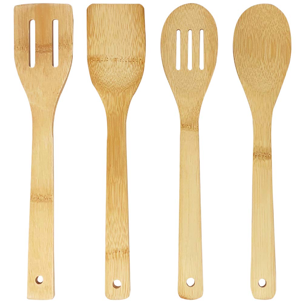 joeji's Kitchen Wooden Cooking Utensils Set of 4 – Bamboo Utensils for Cooking – Natural Wood Spatulas & Spoons – Wooden Kitchen Utensils Set with Hanging Holes – Eco-Friendly & Durable