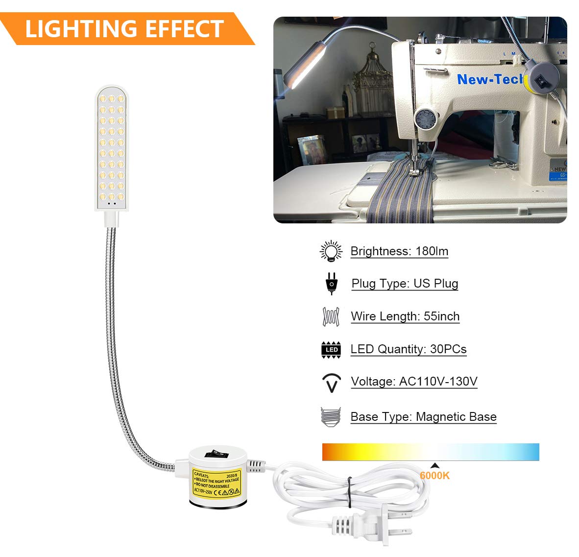 Sewing Machine Light LED Flexible Gooseneck Work Lamp with Magnetic Mount Base for Workbench Lathe Drill Press