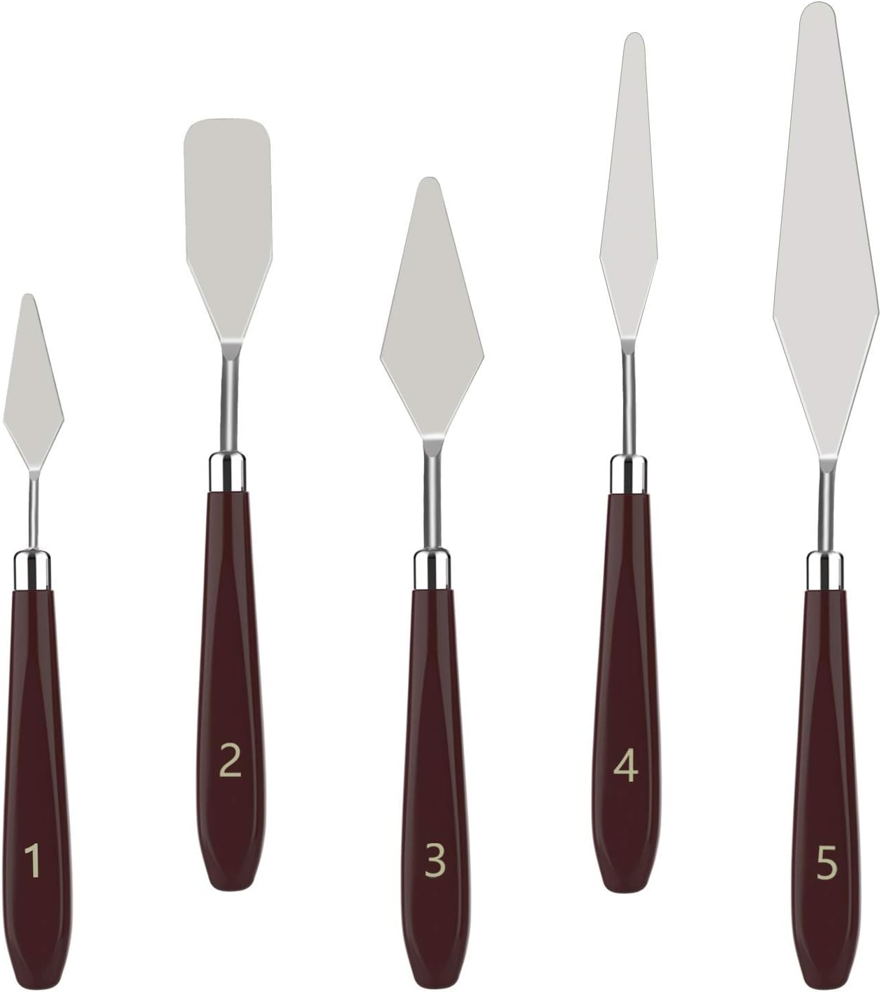 MoKo 5 Pieces Stainless Steel Palette Knife Set, Thin and Flexible Art Tools with Wooden Handle for Oil Painting, Color Mixing, Thick Application Acrylic Painting, Reddish Brown