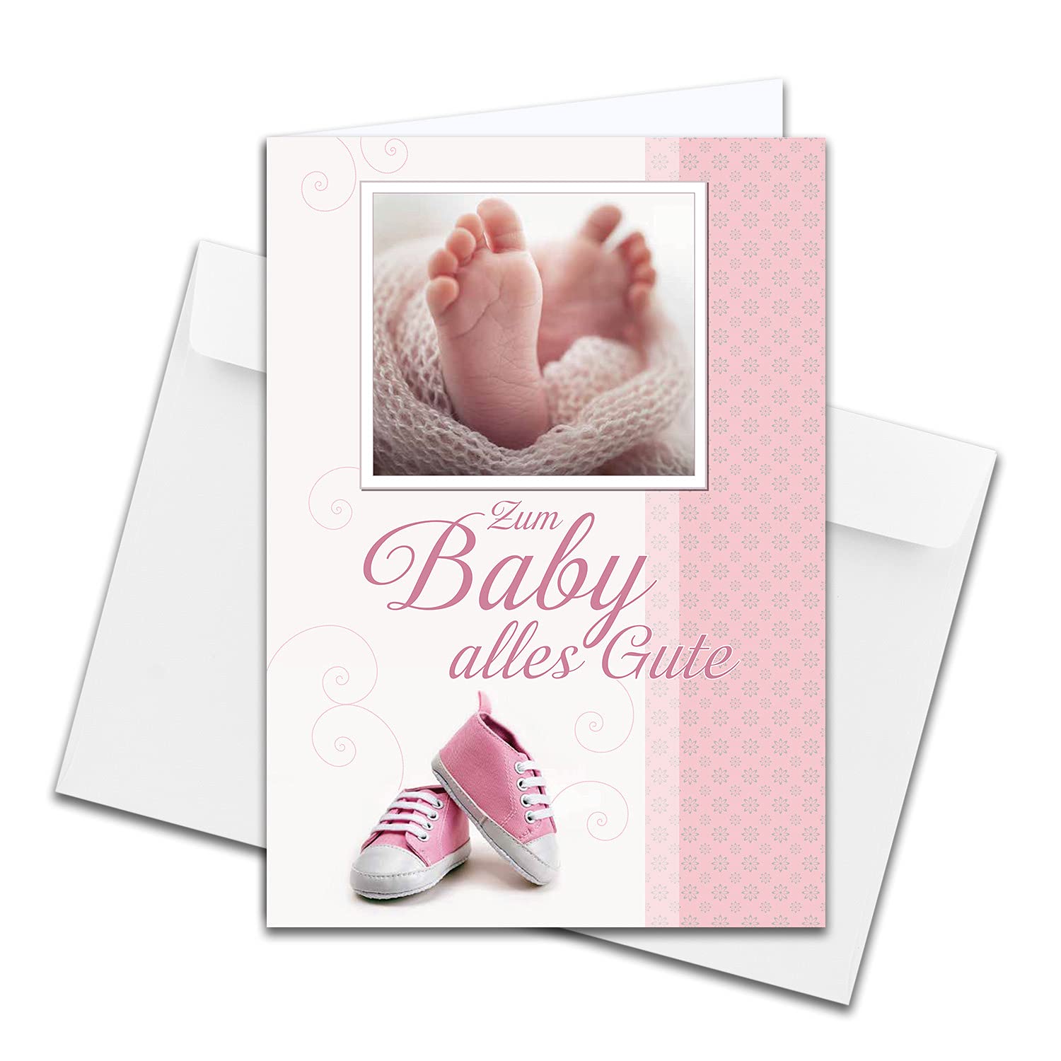 piece - XXL baby birth card DIN A4 - large baby card - set with large envelope DIN C4 - baby feet with baby shoes - for girls