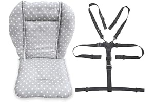 twoworld Baby High Chair Seat Cushion Liner Mat Pad Cover Resistant and High Chair Straps (5 Point Harness) 1 Suit (Fashion Gray)