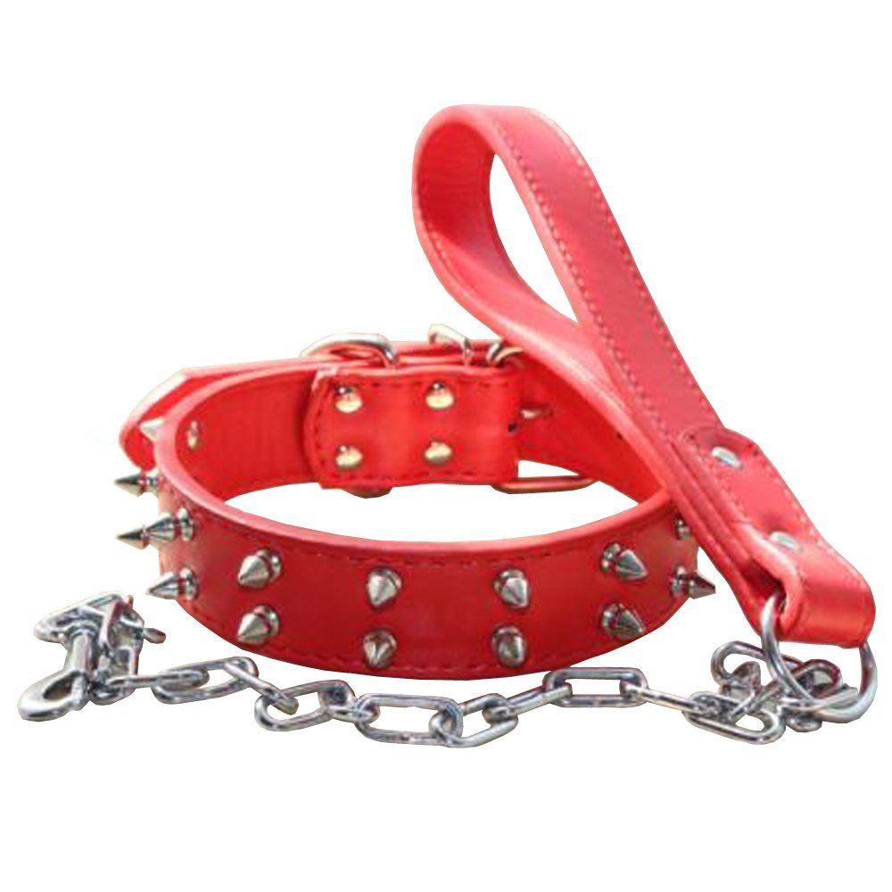 haoyueer Spiked Studded Leather Dog Collar Chain Leash Combo Set for Medium Large Pitbull. Cane Corso. Rottweiler. Bully. Amstaff (M, Red)