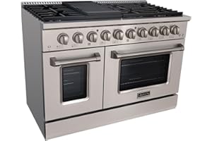 Akicon 48 Inch Freestanding Double Rapid Convection Gas Range - 6.7 cu. ft. Oven - 8 Sealed Burners & Griddle, Heavy Duty Cast Iron Grates (Stainless Steel)