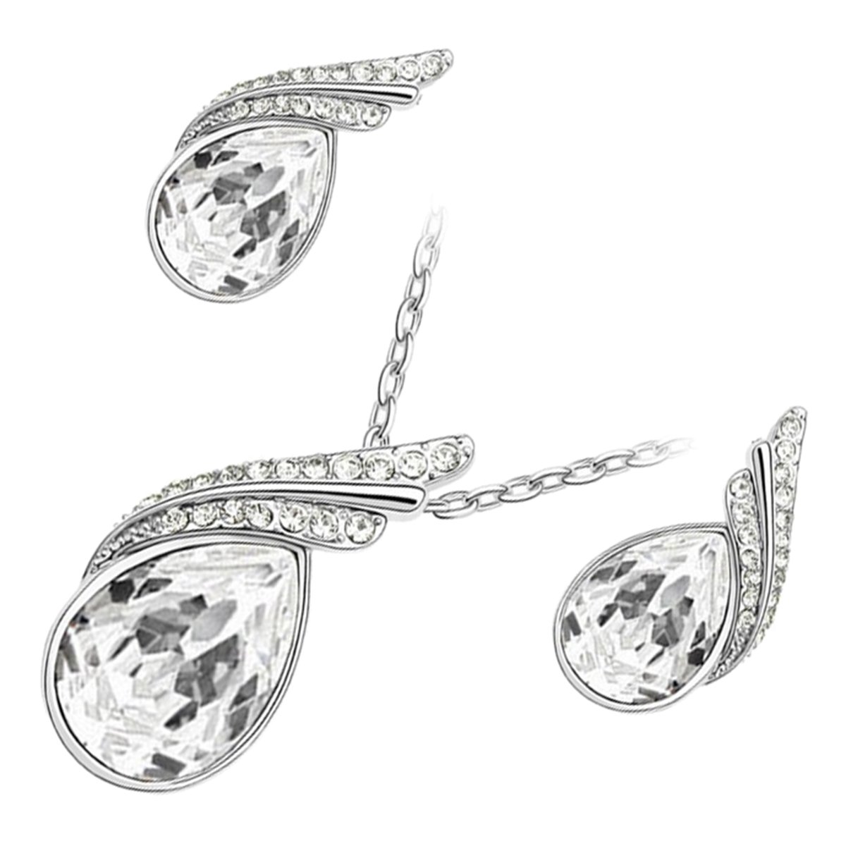GWG Jewellery Set 18K White Gold Coated Pendant Necklace and Earrings Inlay Diamond Clear Crystal with 2 Bands Graced with White Stones Water Drop Shaped in Gift Box for Women
