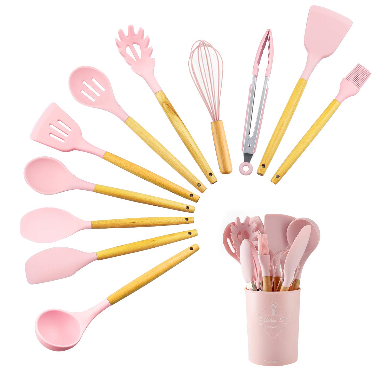 VanderHome Kitchen Utensil 11 Pcs Set Wooden Kitchen Accessories Made with Food Grade Silicone and Wooden Handle,Silicone Kitchen Accessories,Silicone Spatulas for Cooking Kitchen (Pink)