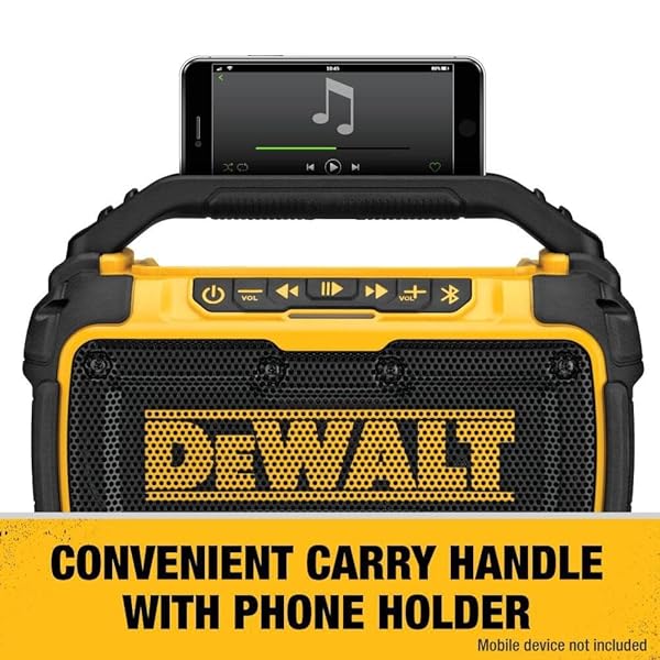 DEWALT 20V MAX BLUETOOTH SPEAKER, 100 FT RANGE, DURABLE FOR JOBSITES, PHONE HOLDER INCLUDED, LASTS 8-10 HOURS WITH SINGLE CHARGE (DCR010)