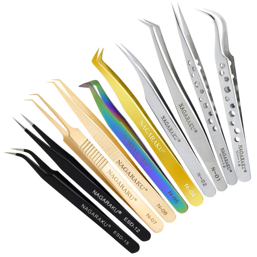 NAGARAKUTweezers for Eyelash Extensions Gold Curved Volume Cluster Super Light Weight Easy Fanning Premade Fans Tweezers Stainless Steel Precision (N-07)