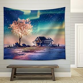Illustration - Abandoned House and Fantasy Tree Lights Under Northern Lights,Illustration Painting - Fabric Wall Tapestry Home Decor - 51x60 inches