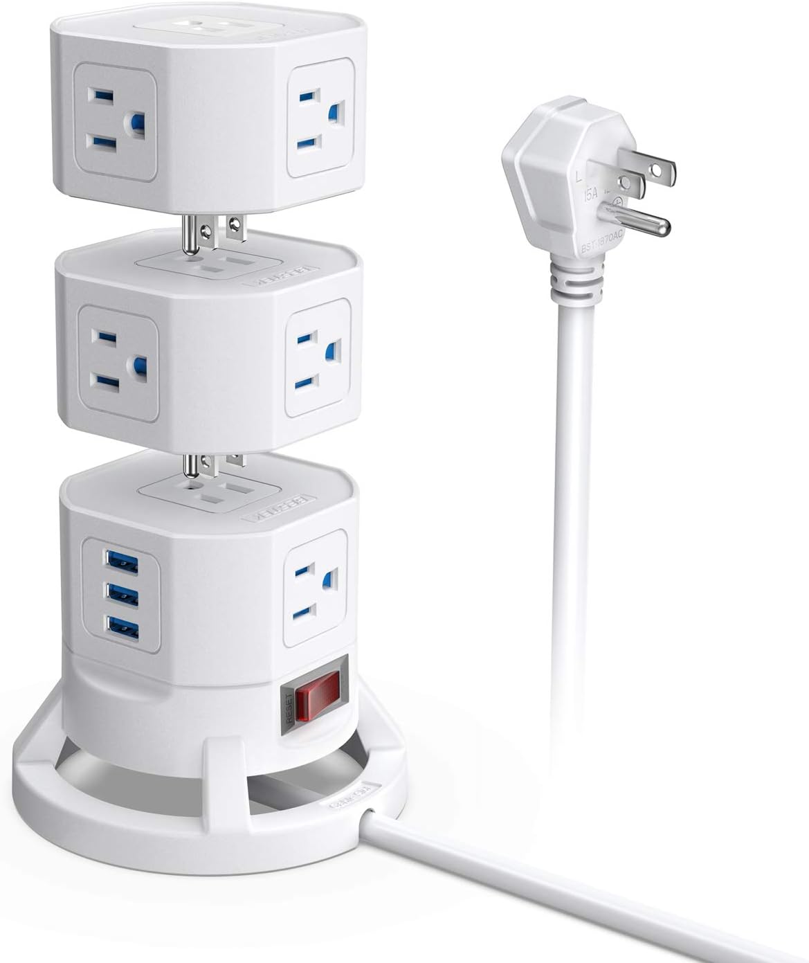 BESTEK 12 Outlets Power Strip Tower with 3 USB Ports Stackable Design Extend to 14 AC Outlets for PC Laptop Mobiles,6 Feet Extension Cord,White