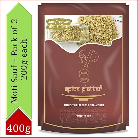 Spice Platter Whole Saunf Fennel Seeds/ Moti Sauf (400 GMS)-Pack of 2-200g Each Pouch, 2 x 400 g