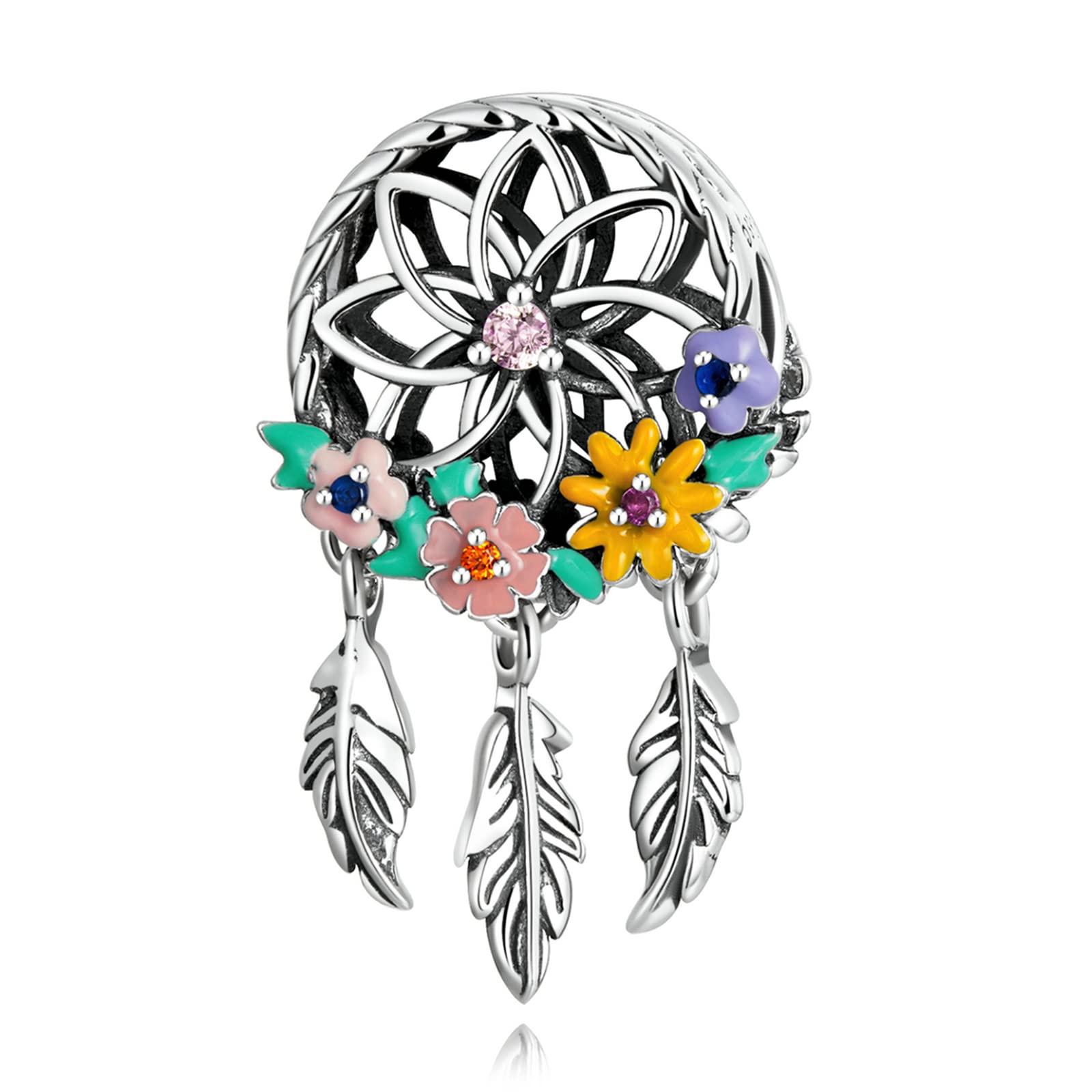 Qings Garland Hollow Dreamcatcher Bead Dangle 925 Sterling Silver Round Wreath Colorful Flower Feather Pendant Charm for Bracelet Necklace Dainty Jewelry Gift for Women Girls