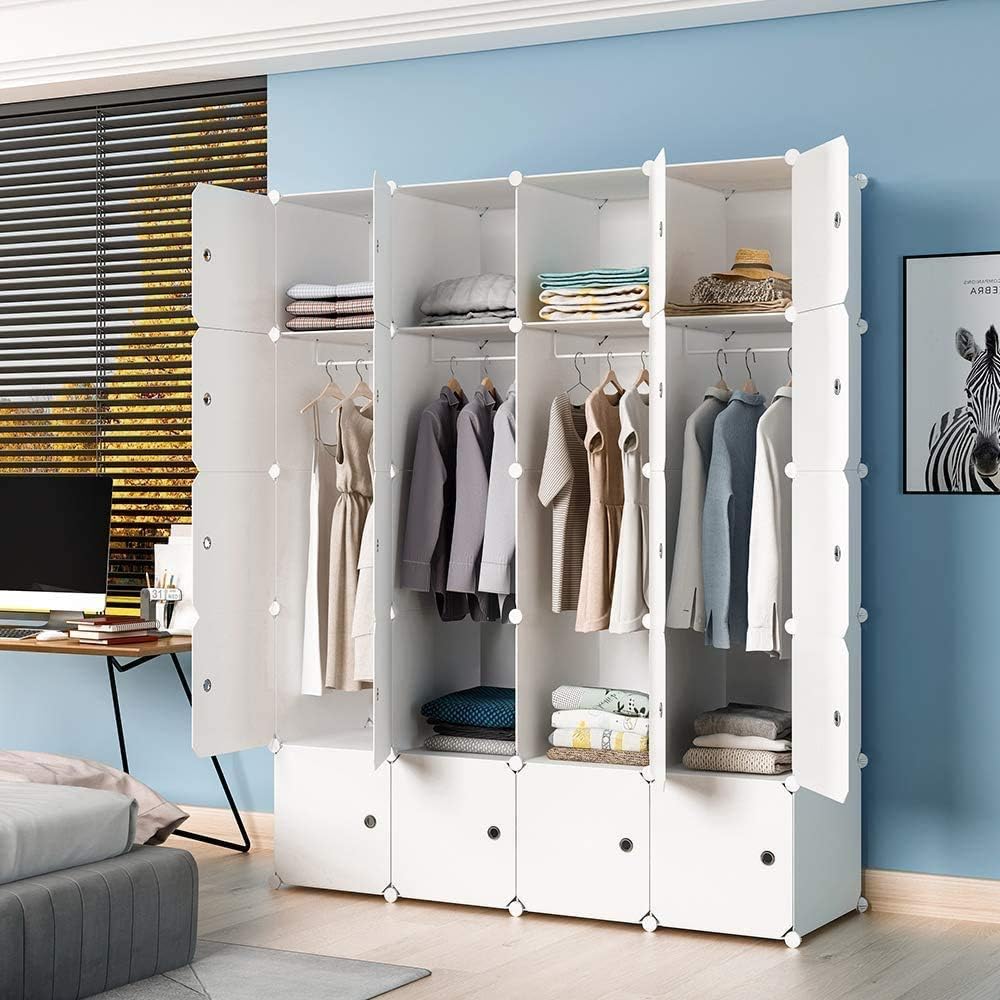 KOUSI Portable Wardrobe Closets 14"x18" Depth Cube Storage, Bedroom Armoire, Storage Organizer with Doors, 8 Cubes 4 Hangers