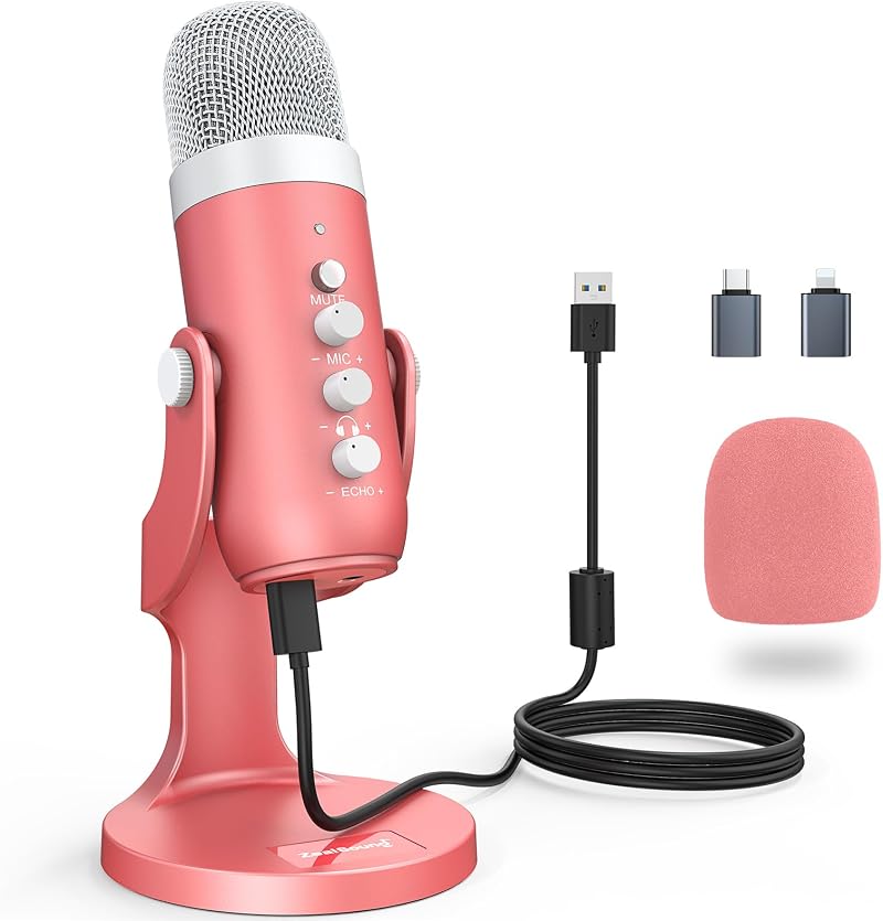 zealsound K66 USB Condenser Microphone Pink, Plug & Play with Noise Cancellation