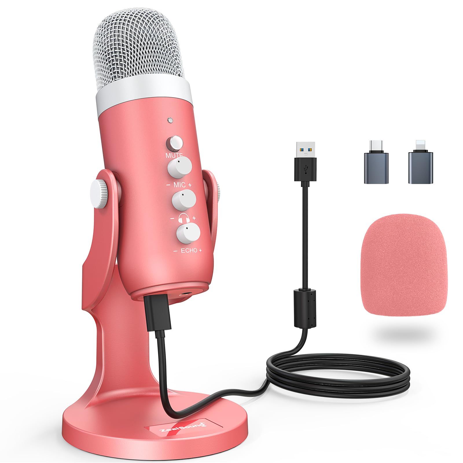 zealsound K66 Pink USB Podcast Microphone for iPhone, Phone & PC, with Noise Cancellation, Mute Switch, Gain Control & Echo, Condenser Microphone for Gaming, Streaming, Recording, YouTube, Discord