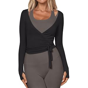 Loovoo Womens Ballet Wrap Top Long Sleeve Thumbholes Pilates Dance Shirt | Cross Front Back Tie, Y2k Workout Yoga Blouses, V-