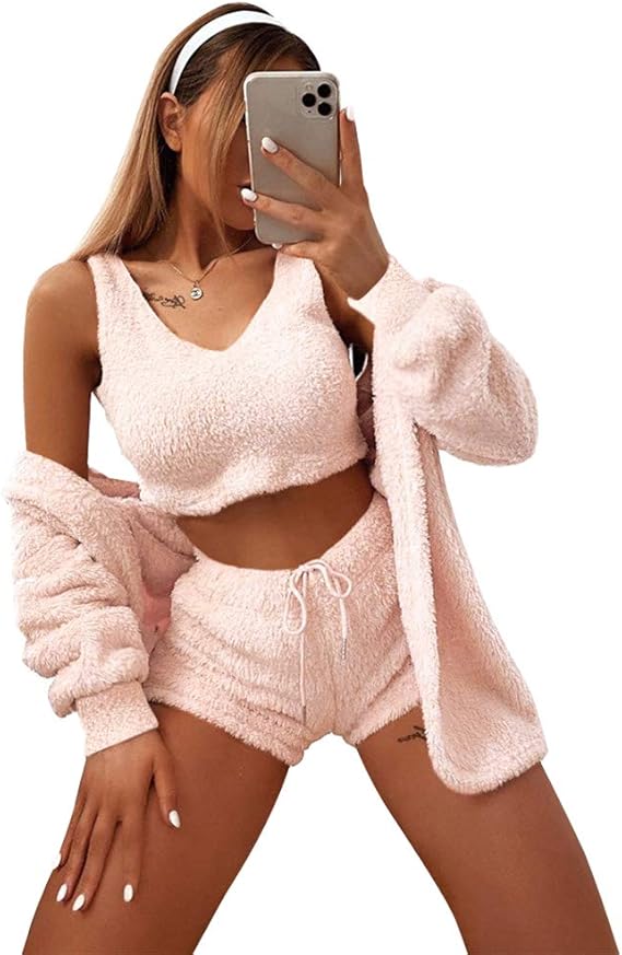 Womens Sexy Warm Fuzzy Fleece 3 Piece Outfits Pajamas,Soft Sherpa Coat