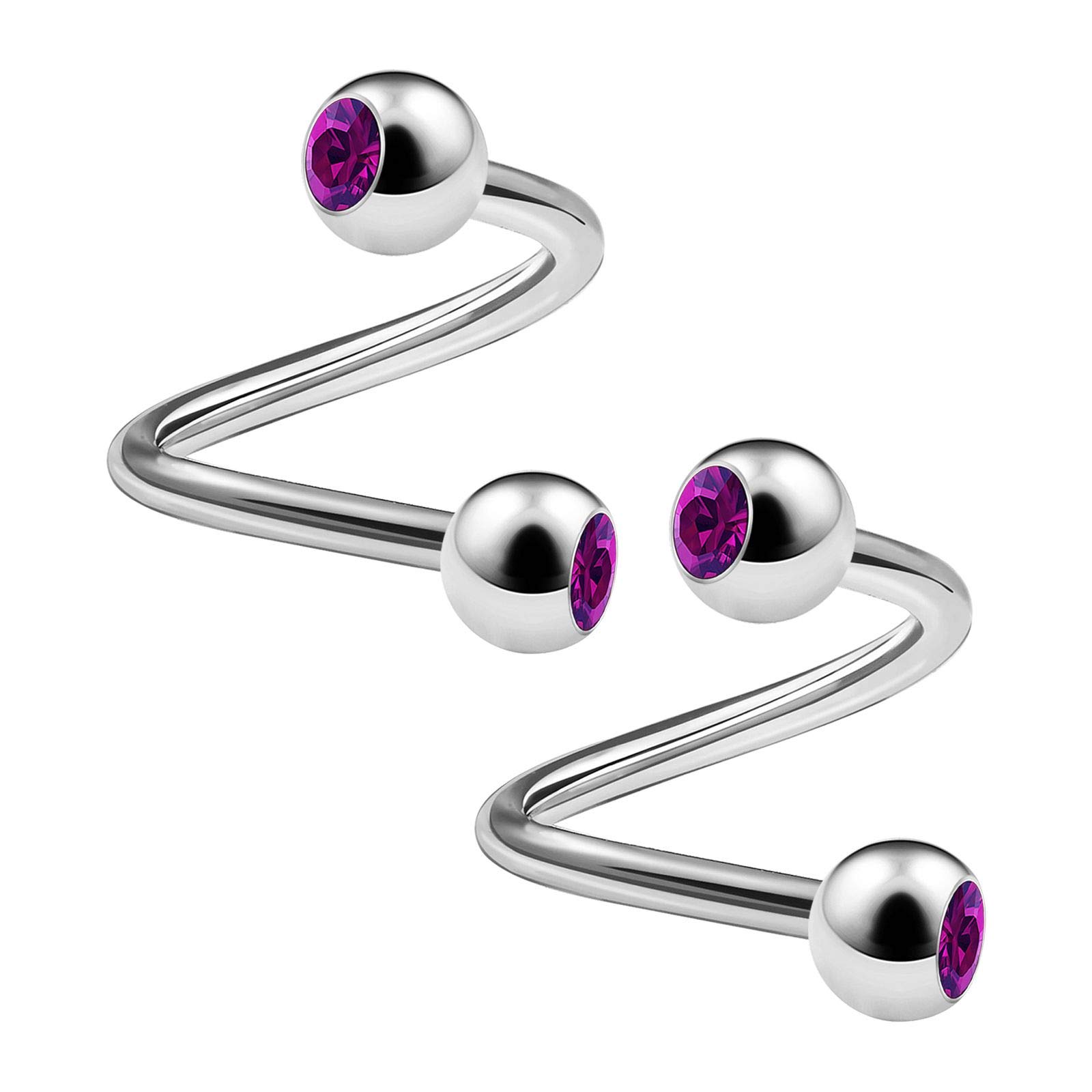 KJM FASHION 2PCS Surgical Steel Spiral Barbell 14g 5/16 8mm 4mm Amethyst Crystal Helix Lobe Earrings Cartilage Piercing Jewellery 3043