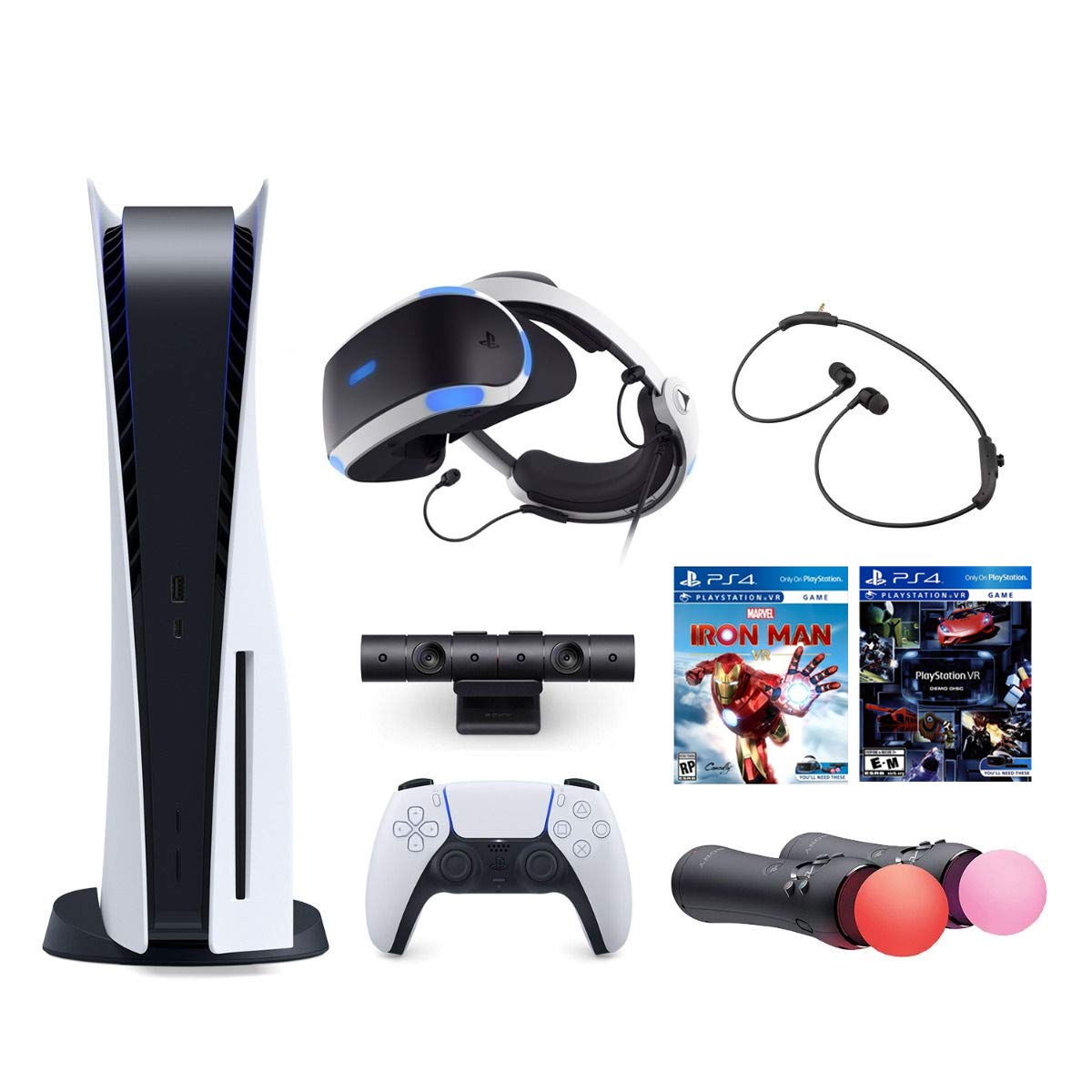 2021 Playstation Console and Playstation VR Bundle - PS5 Disk Version with Wireless Controller, PSVR Headset, Camera, Move Motion Controller, Iron Man Game and The Demo Games