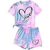 GOLLUNER 7-14Y Tween Girl Clothes 2 Piece Short Sleeve Tie Dye Heart Print Top and Shorts Teen Girl Summer Outfits Short Set