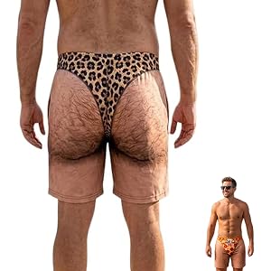 The Cheeky Commando Novelty Prank Swim Trunks | Funny Swim Trunks for Men-Hairy Legs Leopard Print Fake Briefs Beach Shorts