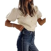 Bianstore Women's Puff Short Sleeve Sweater Casual V Neck Cardigan Tops Ribbed Knit Button Down Shirts(Beige-S)