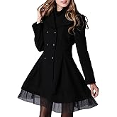 xxxiticat Women's Long Winter Coats Double Breasted Sheer Mesh Hem Sexy Warm Dress Jacket Black Trench Coat Peacoat