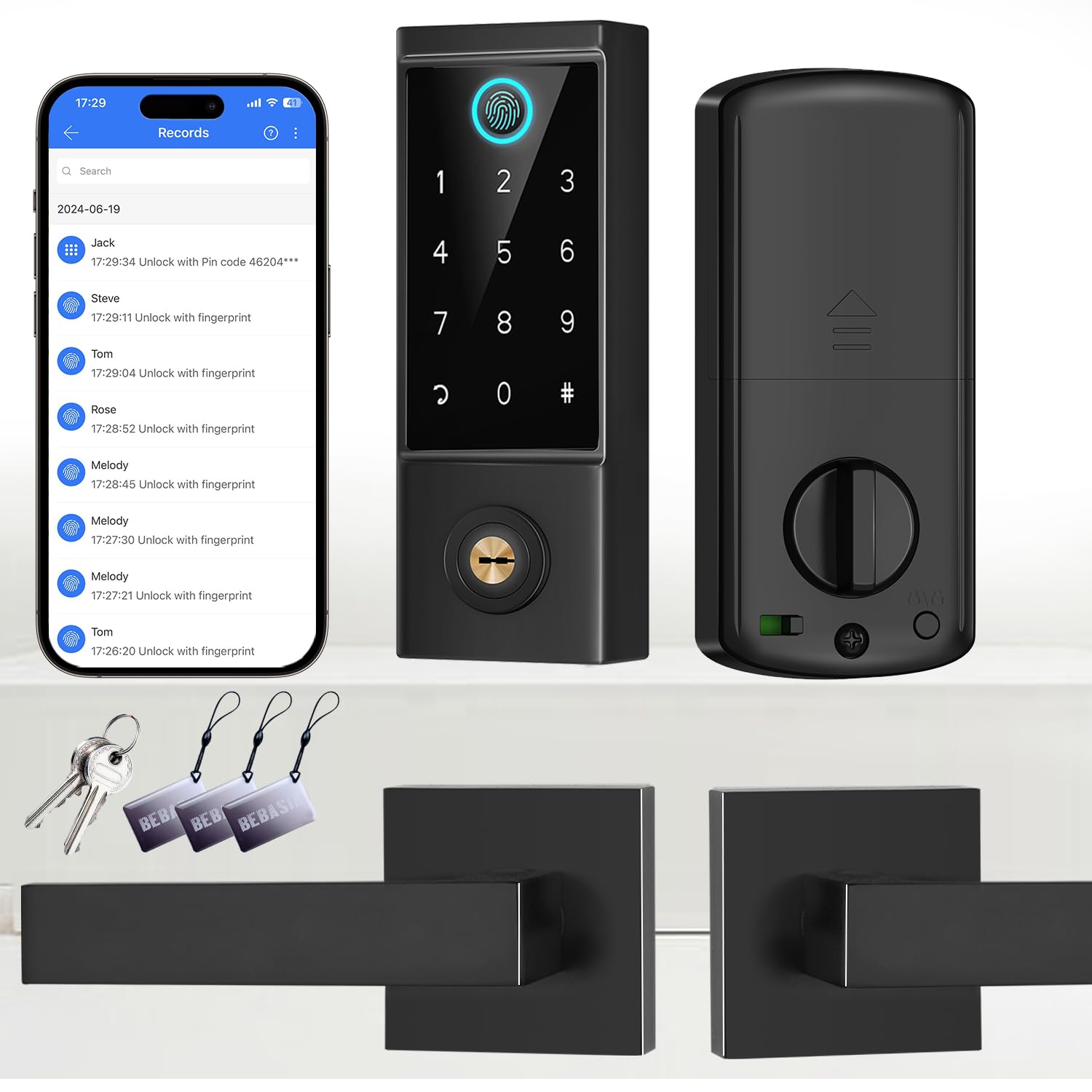 Photo 1 of BEBASIA APP Control Fingerprint Lock with Handle, Heavy Duty Smart Keyless Entry Front Door Lock Set, Keypad Deadbolt with Lever Handles, Smart Locks for Front Door, Anti-Peeping Password Black