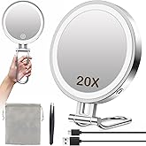 Travel Makeup Mirror with Lights,3000mAh Rechargeable 1X/20X Magnifying Mirror with Light, 7" Portable Lighted Beauty Mirror, Make Up Mirrors with 3 Light Colors, Dimmable Tabletop Handhold Hanging