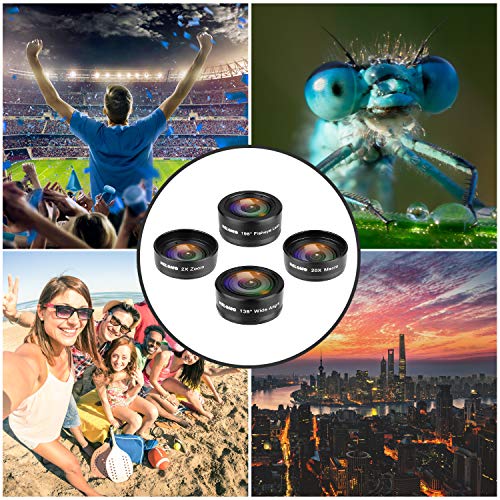 NELOMO Cellphone Camera lens 4 in 1 Phone Lenses Kit Compatible with Iphone XS XR X 8 Samsung Galaxy S9 S8 Huawei P20 P10 20X Macro Lens, 2.0X Zoom Telephoto Lens, 138°Wide Angle Lens, 198°Fisheye Len