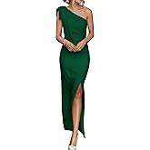 PRETTYGARDEN Women's Summer One Shoulder Long Formal Dresses Sleeveless Ruched Bodycon Wedding Guest Slit Maxi Dress