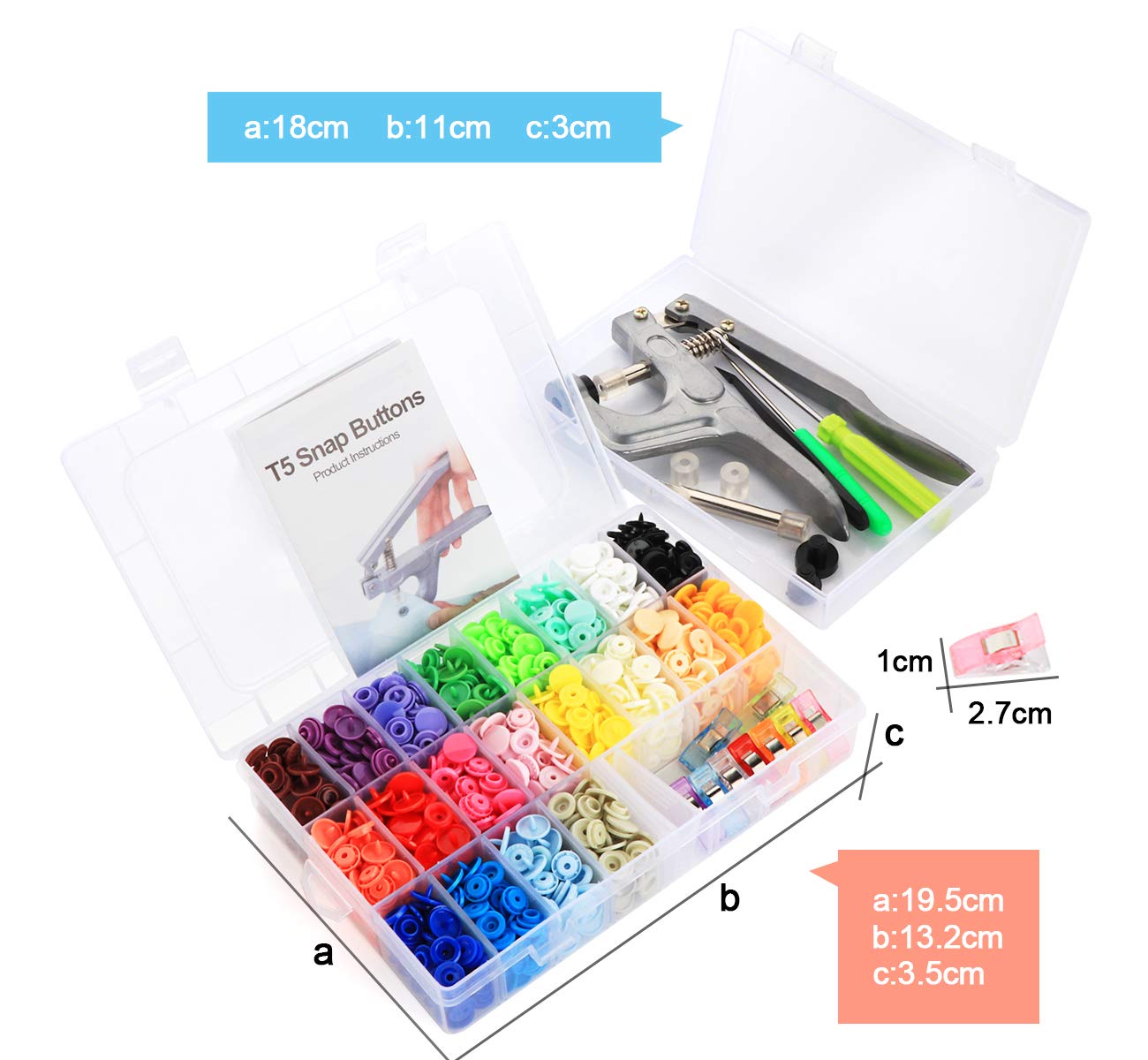Lemonfilter Snap Button with Snap Pliers Kit, 400 Sets Snap Fastener T5 Plastic No-Sew Buttons, Starter Fasteners Poppers Press DIY Studs Kits for Sewing Clothing & Diapers Rain Coat Crafting