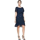 S.L. Fashions Womens Short Tulip Sleeve Tiered Chiffon Cocktail Dress, Wedding Guest Gown (Petite and Regular Sizes)