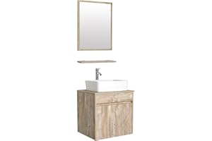eclife 24" Bathroom Vanity Sink Combo Wall Mounted Natural Cabinet Vanity Set White Rectangle Ceramic Vessel Sink Top, W/Chrome Faucet, Pop Up Drain & Mirror (T03E03AK)