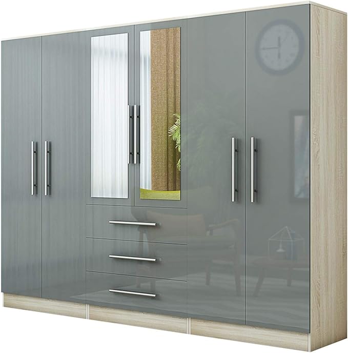 Gloss Grey Large Wardrobe 4 Door 3 Drawers & Long Mirror Amazon.co