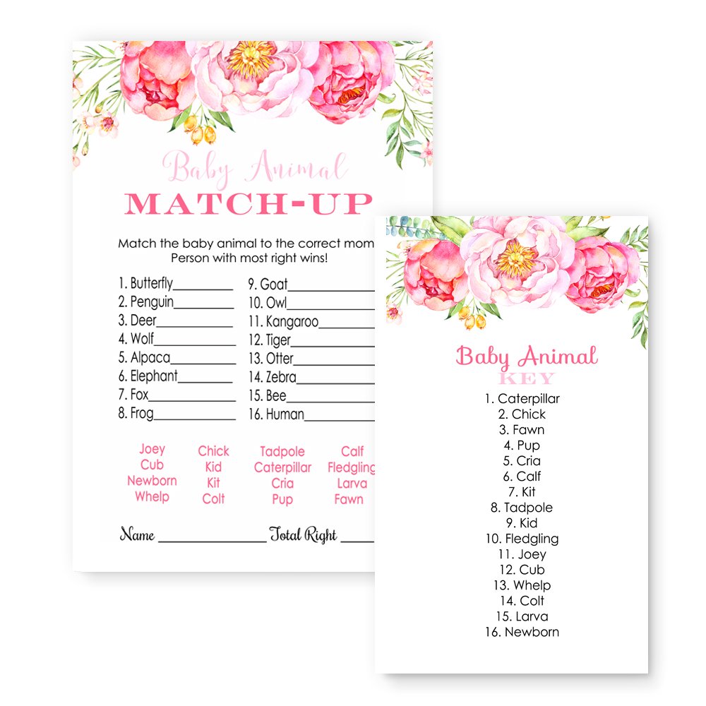 Floral Baby Shower Game Card Animal Match 25 Pack Theresa Avila